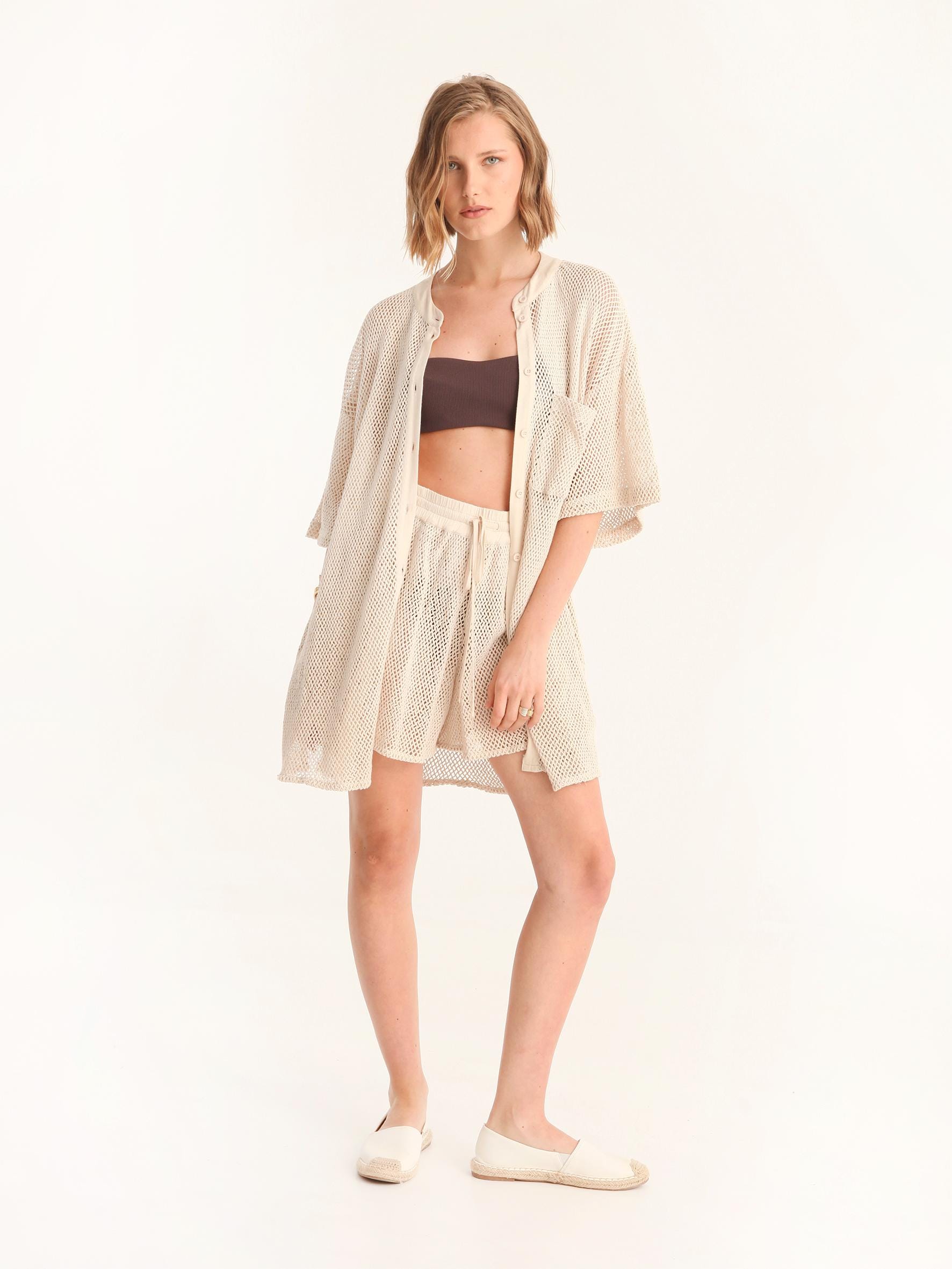 Women’s Beige Open Knit Beach Cover-Up Shorts - alternate view