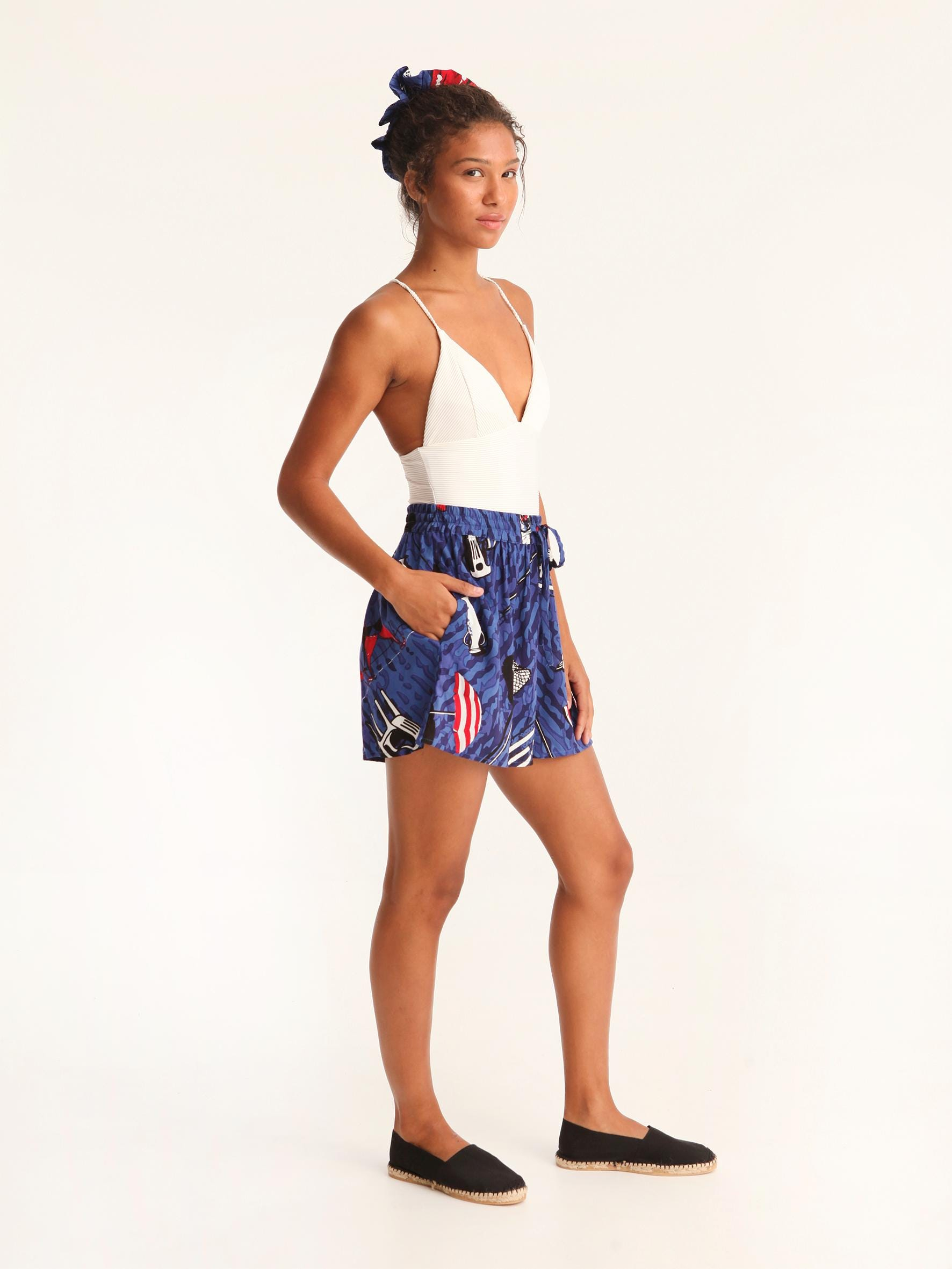 Women’s Coastal Motif Blue Abstract High Rise Resort Shorts - alternate view